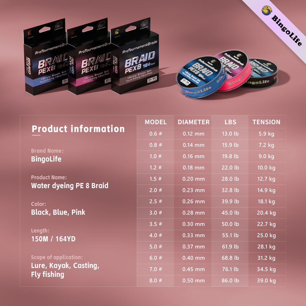 Bingolife Pro Tournament Grade Anti-Fade PEX8 Braid Line Black 164 YDS